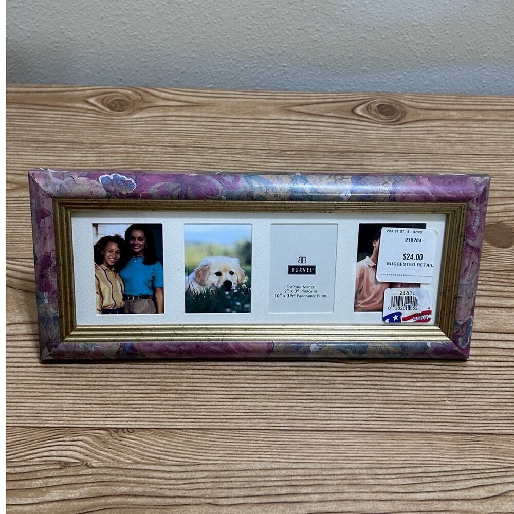 Burnes Floral Collage Picture Frame 4 Opening Panoramic Gold Trim Vintage Style
